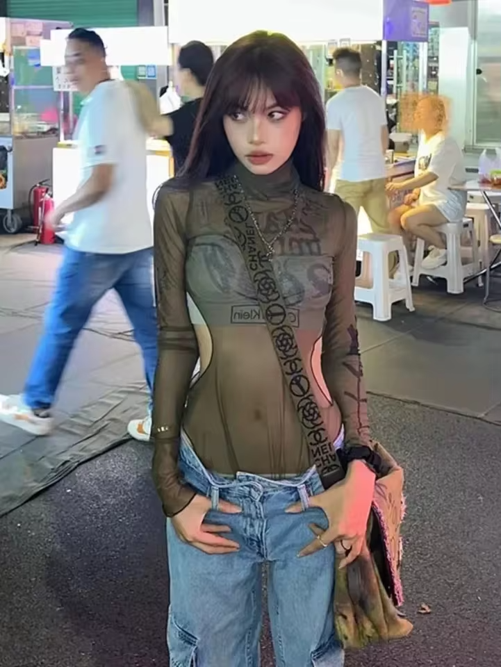 2000s Grunge See Through Slim Kpop Top