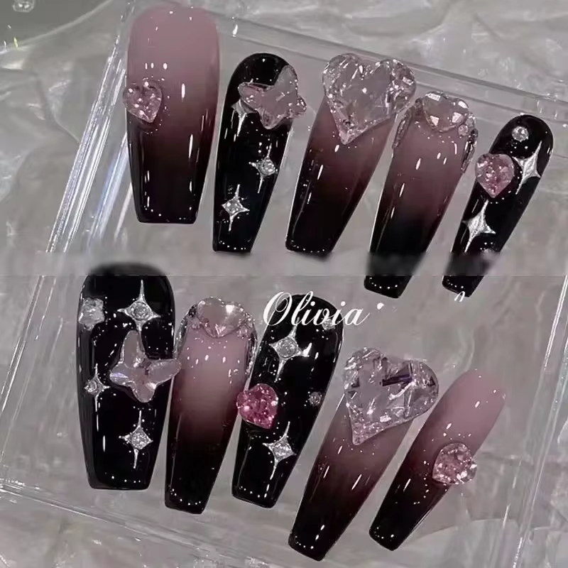 10pcs handmade dark sweet nails long